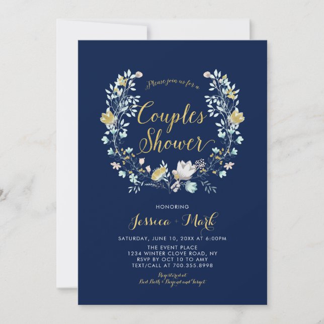 Convite de Churrasco de Casamento Boho Floral Azul (Frente)