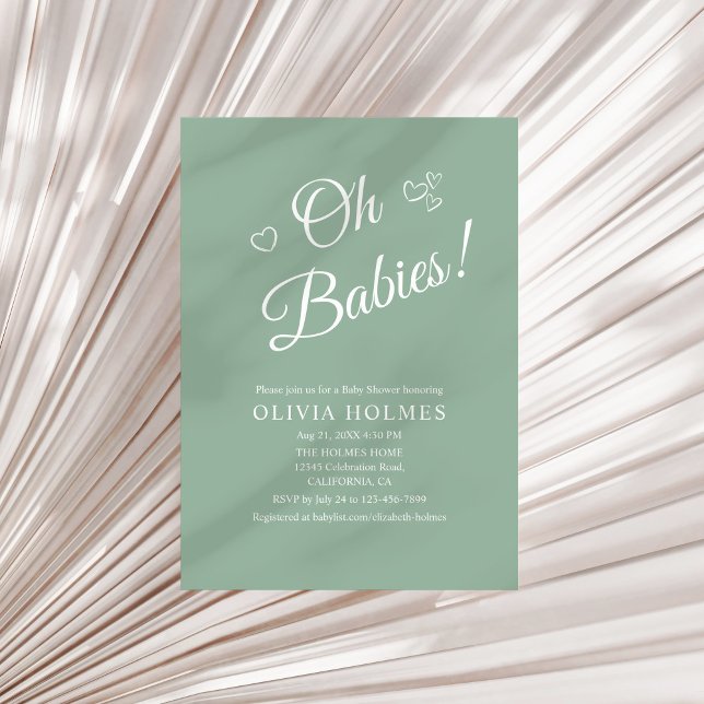 Convite de Churrasco de Gêmeos Oh Babies Verde Sag (Oh Babies Sage Green Twin Baby Shower Invitation on a sunny neutral dry palm leaf.)