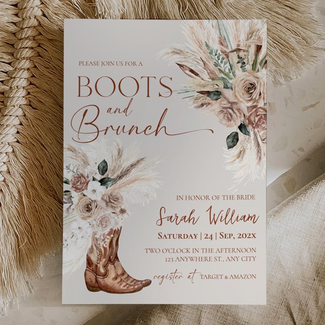 Convite de Churrasco de Noiva Boots Brunch Rústico (Boots Brunch Bridal Shower Invitation Rustic Boho Pampas Floral )