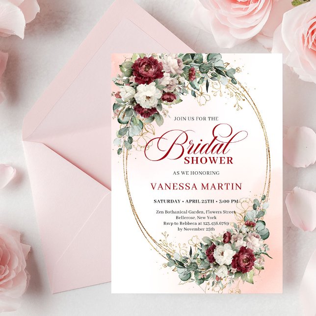 Convite de Churrasco de Noiva Burgundy e Dourado R (Romantic Burgundy and Gold Bridal Shower Invitation)