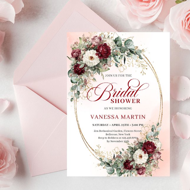 Convite de Churrasco de Noiva de Eucalipto Vermelh (Elegant Deep Red Eucalyptus Bridal Shower Invite

)