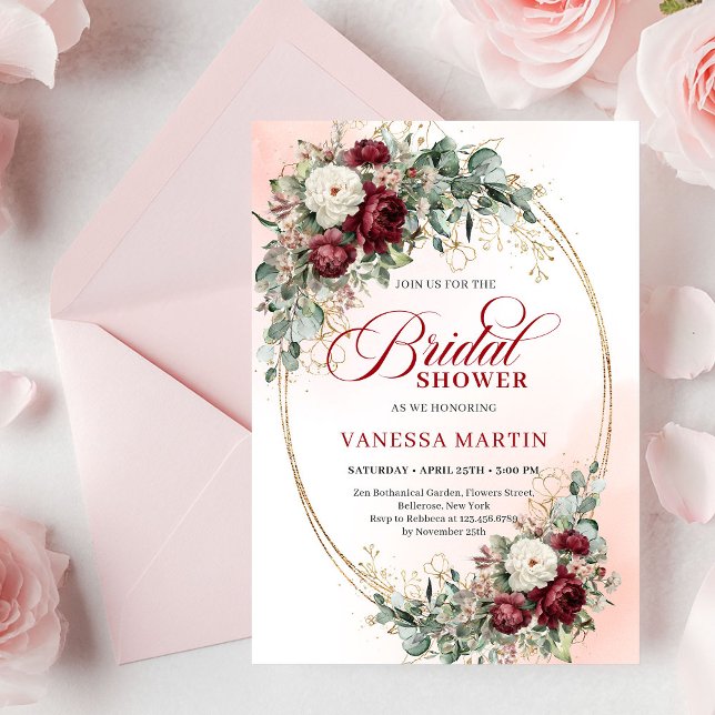 Convite de Churrasco de Noiva Floral Dourado Marsa (Romantic Marsala Floral Gold Bridal Shower Invite

)