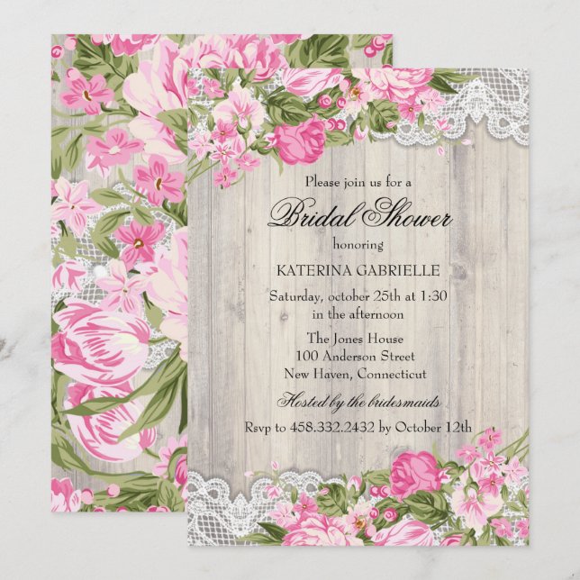Convite de Churrasco de Noiva Floral Shabby Chic & (Frente/Verso)