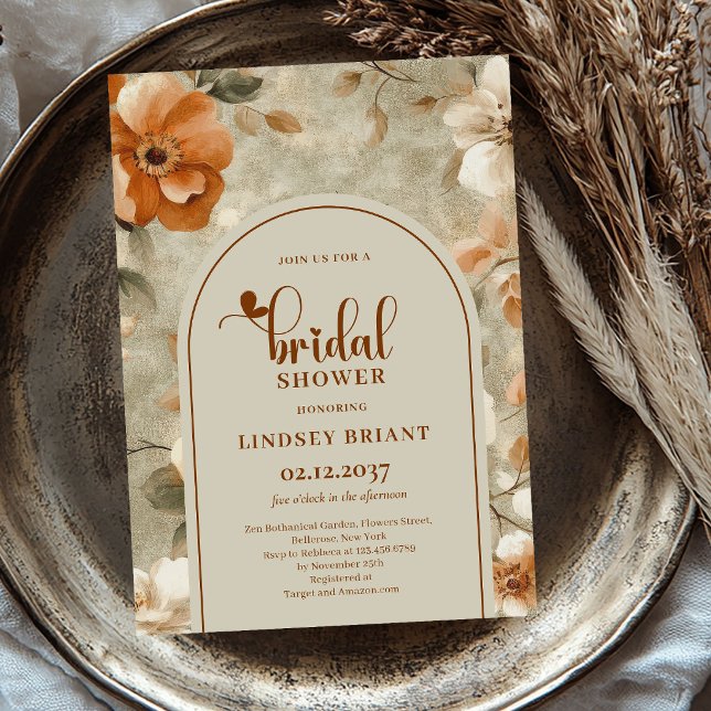 Convite de Churrasco de Noiva Floral Terracota de  (Autumn Terracotta Floral Bridal Shower Invitation)