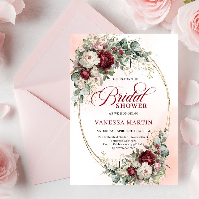 Convite de Churrasco de Noiva Flores Marsala Bonit (Pretty Marsala Flowers Gold Bridal Shower Invite

)
