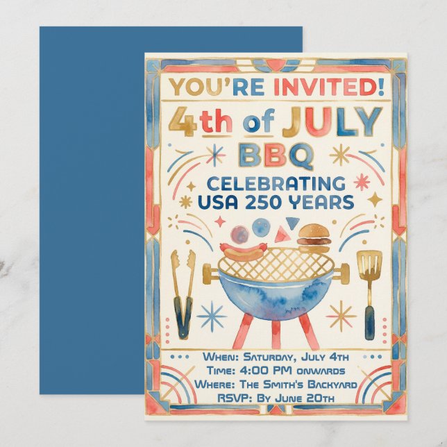 Convite de Churrasco do 4 de Julho – EUA 250 Anos (Frente/Verso)