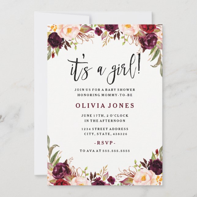 Convite de Churrasco Floral Borgonha para Chá de B (Frente)