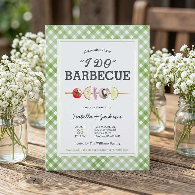 Convite de Churrasco Rústico para Chá de Noivado I (The front and back of the invitation shown in a 5x7-inch size. Choose size, paper, and corner style.)