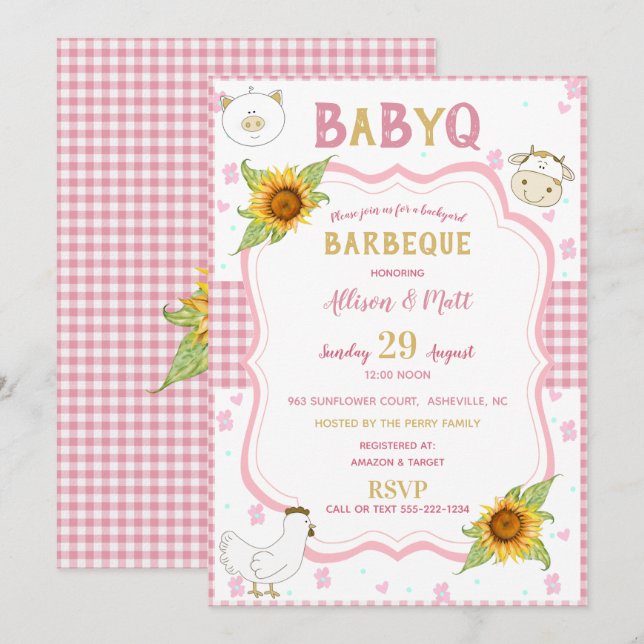 Convite de Churrasco Sunflower Pink Gingham Baby Q (Frente/Verso)