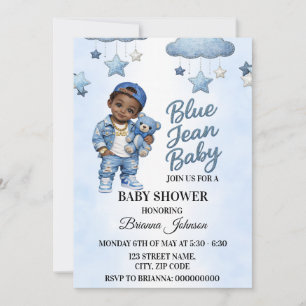 Convite de Chuvada de Bebê Afro Boy Denim Azul