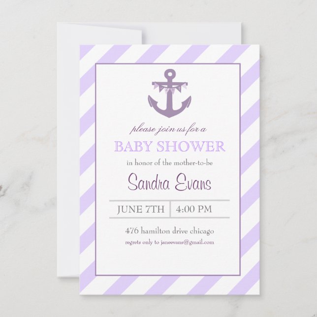 Convite de Chuvada de Bebê Âncora Ahoy Roxo (Frente)