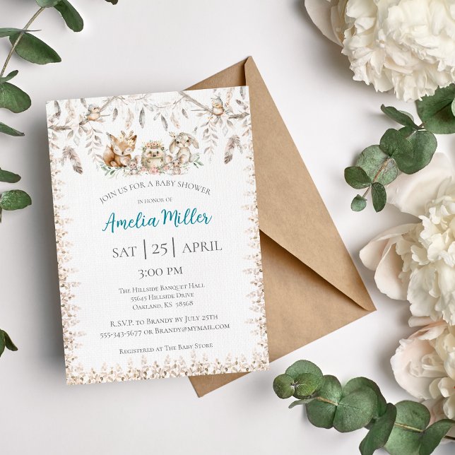 Convite de Chuvada de Bebê Animal da Floresta Boho (Woodland Babies Boho Forrest Baby Shower Invitation)