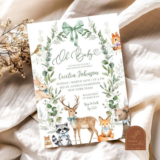 Convite de Chuvada de Bebê Animal Floresta Verde (Criador carregado)