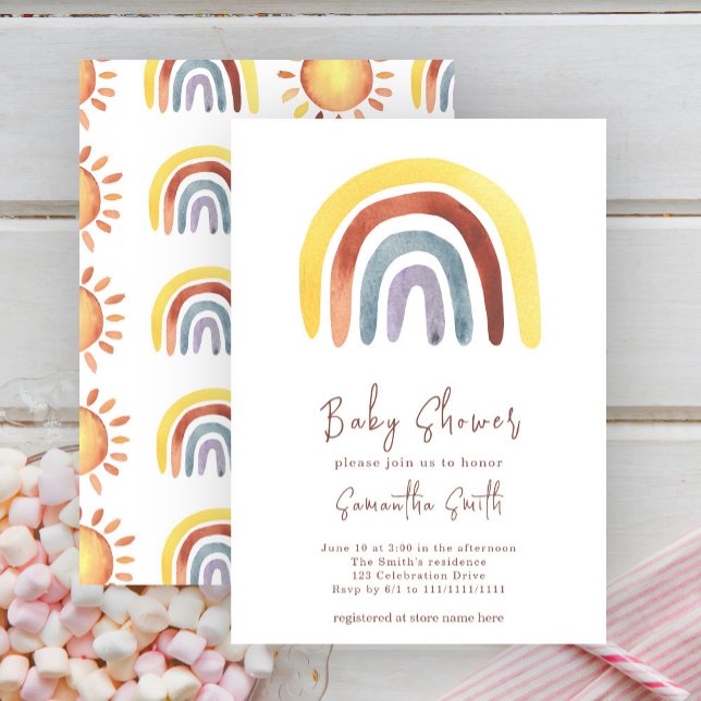 Convite de Chuvada de Bebê Arco-íris Boho Aquarela (Criador carregado)