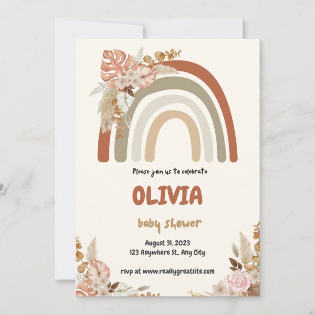 Convite de Chuvada de Bebê Arco-Íris Boho Marrom (Frente)
