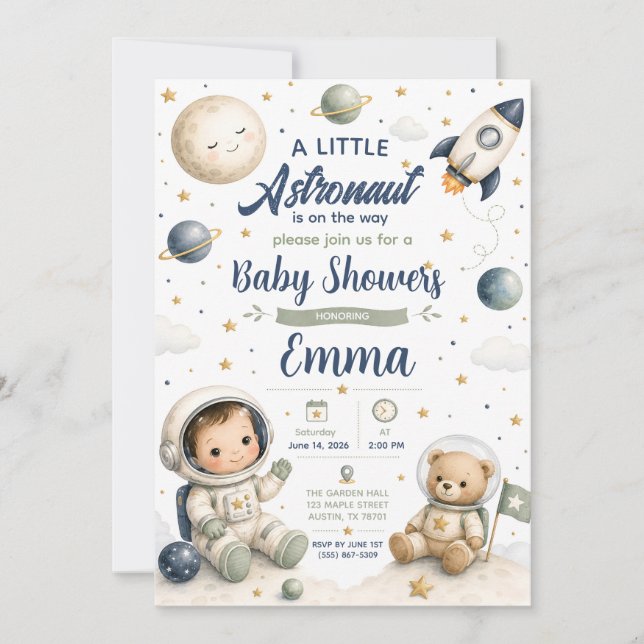 Convite de Chuvada de Bebê Astronauta em Aquarela  (Frente)