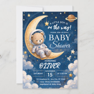 Convite de Chuvada de Bebê Astronauta Menino Urso 