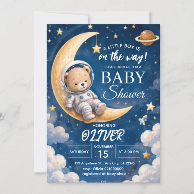 Convite de Chuvada de Bebê Astronauta Menino Urso  (Frente)