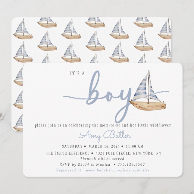 Convite de Chuvada de Bebê Azul com Barcos à Vela (Frente/Verso)