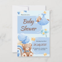 Convite de Chuvada de Bebê Azul Menino Urso Boho