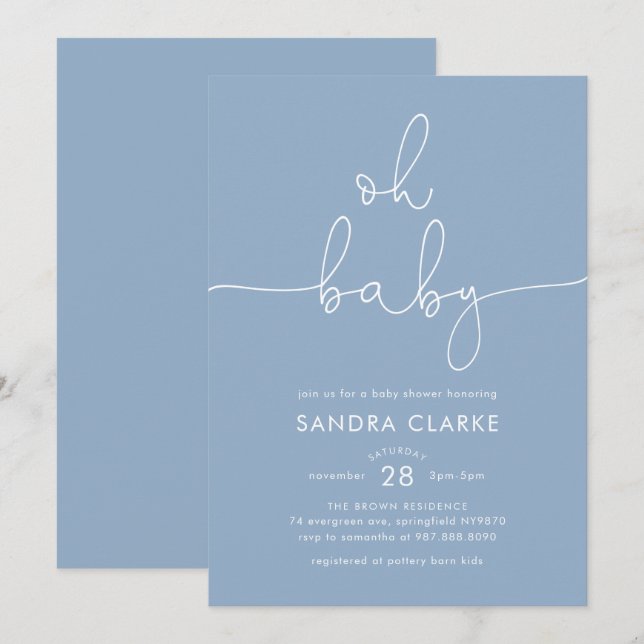 Convite de Chuvada de Bebê Azul Minimalista Modern (Frente/Verso)