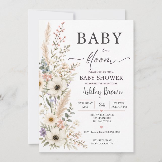 Convite de Chuvada de Bebê Baby in Bloom Flor Silv (Frente)