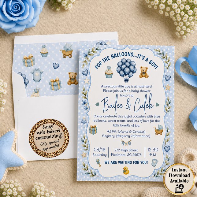 Convite de Chuvada de Bebê Balões (Pop the Balloons Baby Shower Invitation with theme lined envelope (liner sold separately))