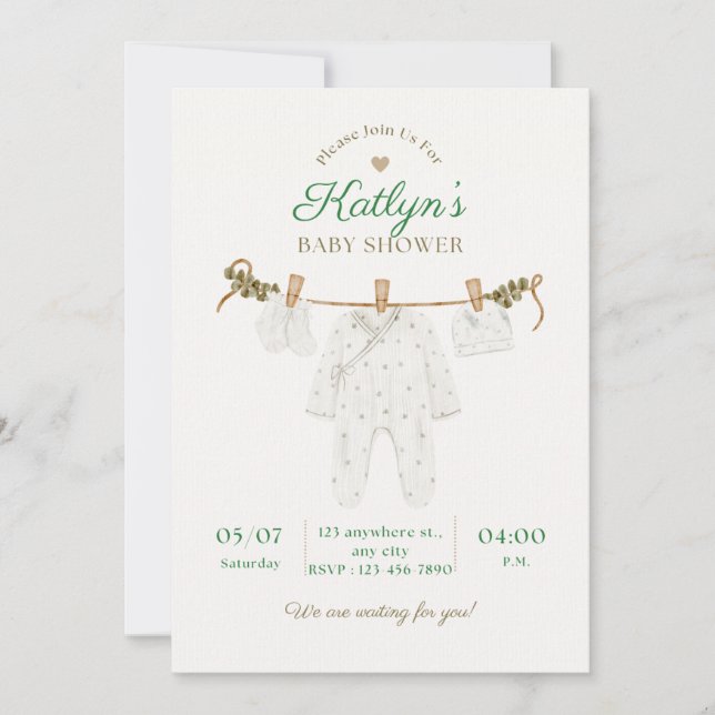 Convite de Chuvada de Bebê Bege e Verde Claro  (Frente)