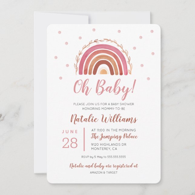 Convite de Chuvada de Bebê Boho Arco-Íris Oh Baby (Frente)