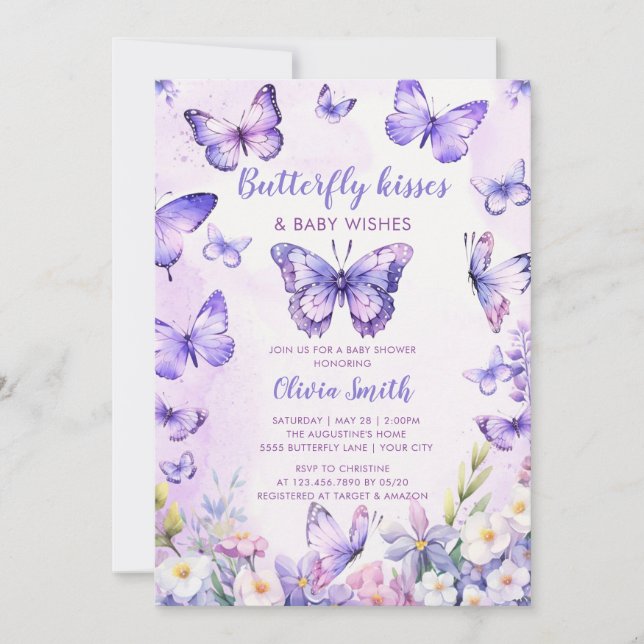 Convite de Chuvada de Bebê Borboleta Floral Roxa (Frente)