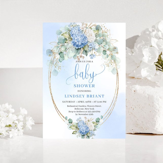 Convite de Chuvada de Bebê Chic Hortênsias Azuis D (Chic Baby Shower Invitation Blue Hydrangeas Gold)