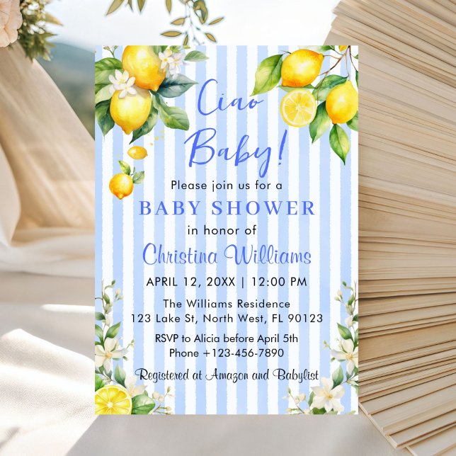 Convite de Chuvada de Bebê Ciao Baby Citrus Lemon (Ciao Baby Baby shower Blue & Lemons Invitation)