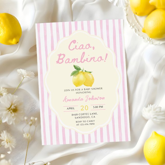Convite de Chuvada de Bebê Ciao Bambino Rosa Limão (Criador carregado)