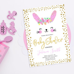 Convite de Chuvada de Bebê Coelho Rosa Dourado Con