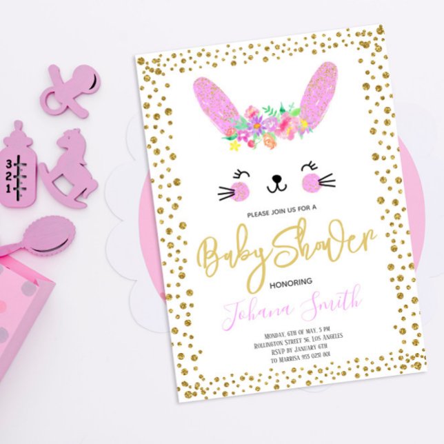 Convite de Chuvada de Bebê Coelho Rosa Dourado Con (Criador carregado)