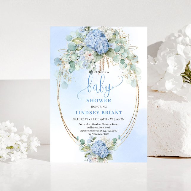 Convite de Chuvada de Bebê com Hortênsia Azul Mode (Modern Blue Hydrangea Baby Shower Invitation)