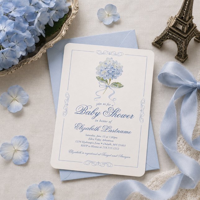 Convite de Chuvada de Bebê com Laço Azul e Hortêns (Blue Hydrangea Blue Bow Baby Shower Invitation)