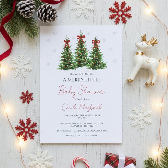 Convite de Chuvada de Bebê com Tema de Natal (Elegant Christmas themed baby shower invitation with red bows and winter trees on white.)