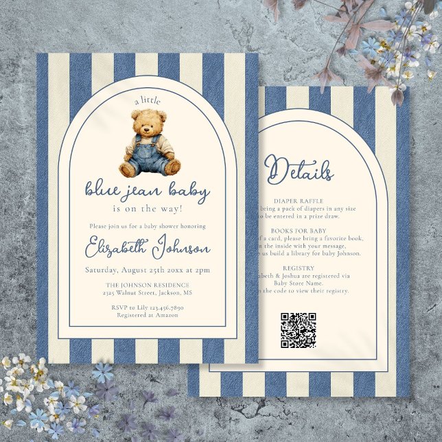 Convite de Chuvada de Bebê com Urso de Pelúcia em  (Blue Jean Denim Teddy Bear QR Code Baby Shower Invitation)