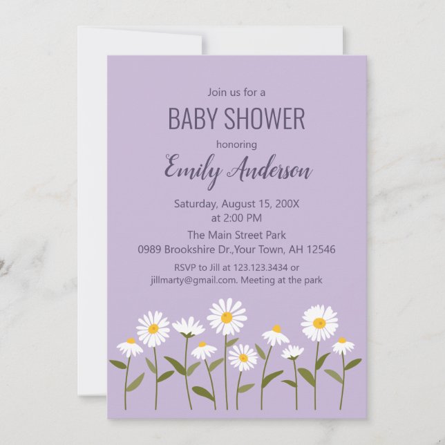 Convite de Chuvada de Bebê Cute Daisy em Roxo (Frente)
