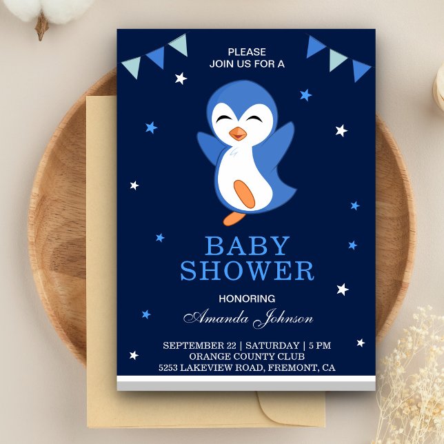 Convite de Chuvada de Bebê de Pinguim Azul Fofo (Criador carregado)