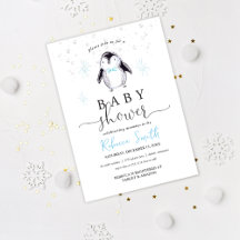Convite de Chuvada de Bebê de Pinguim de Inverno