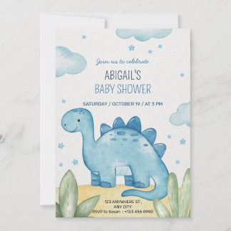 Convite de Chuvada de Bebê Dinossauro Azul Meninos