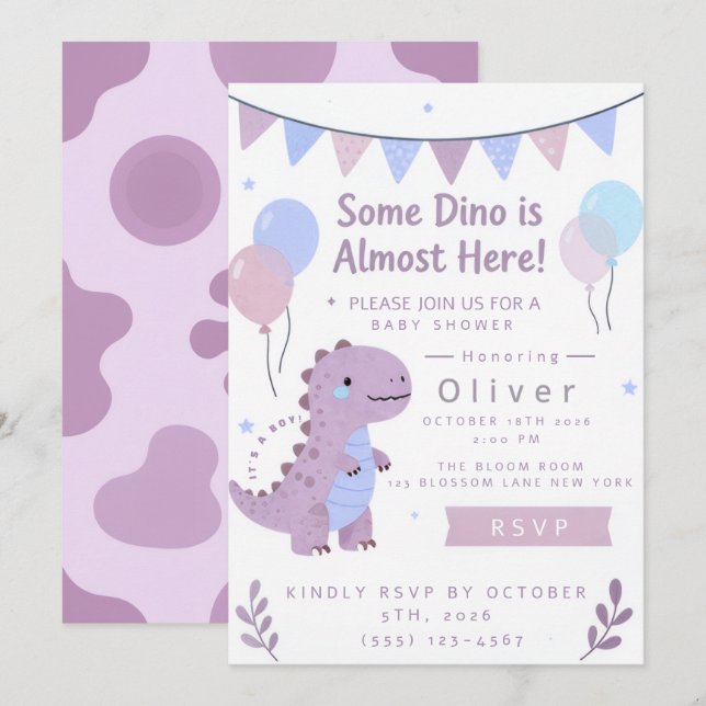 Convite de Chuvada de Bebê Dinossauro Roxo (Frente/Verso)