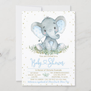 Convite de Chuvada de Bebê Elefante Azul Dourado M
