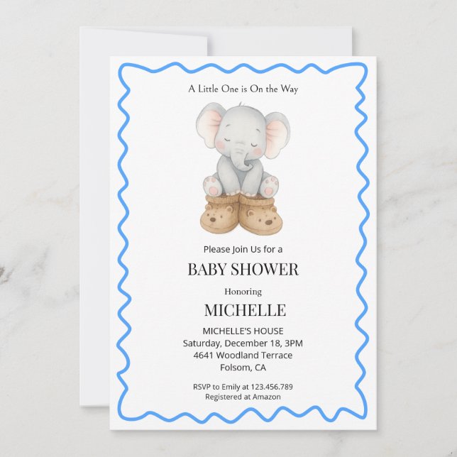 Convite de Chuvada de Bebê Elefante Azul Fofo Bebê (Frente)