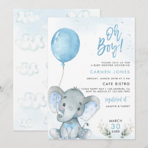 Convite de Chuvada de Bebê Elefante com Balão Azul