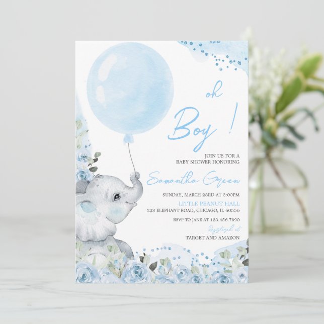 Convite de Chuvada de Bebê Elefante Floral (Em pé/Frente)