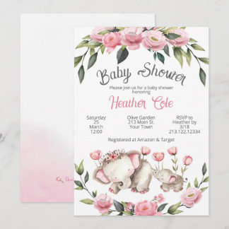 Convite de Chuvada de Bebê Elefante Floral Menina