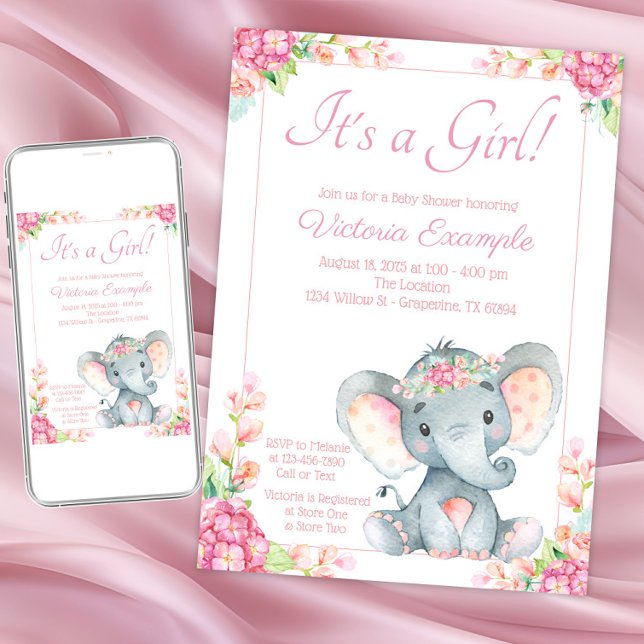 Convite de Chuvada de Bebê Elefante Menina Floral  (Girl elephant baby shower invitation. Instant download and printed invitations available.)